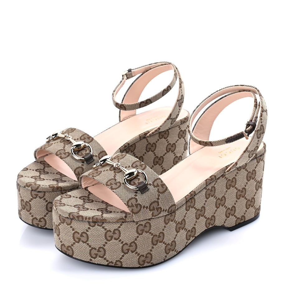 Gucci Monogram Nappa Chalotte Horsebit Ankle Strap 75mm Flatform Sandals 38.5  Beige Ebony Image 2