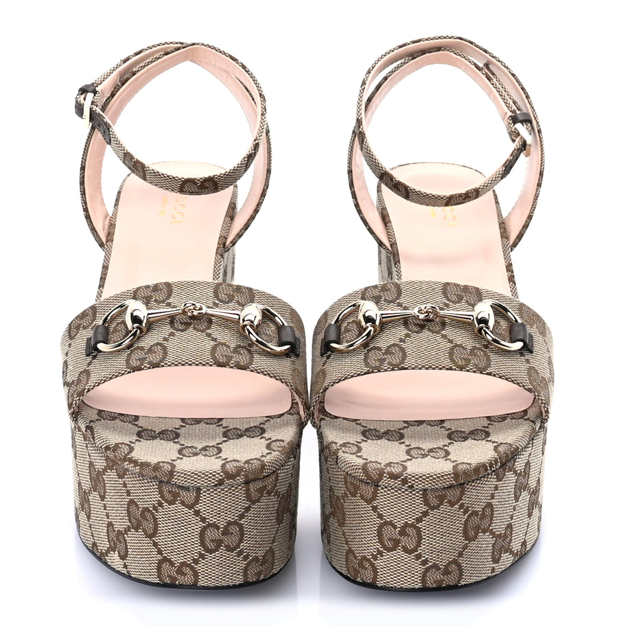 Gucci Monogram Nappa Chalotte Horsebit Ankle Strap 75mm Flatform Sandals 38.5  Beige Ebony Image 3