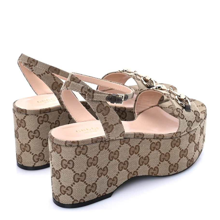 Gucci Monogram Nappa Chalotte Horsebit Ankle Strap 75mm Flatform Sandals 38.5  Beige Ebony Image 4