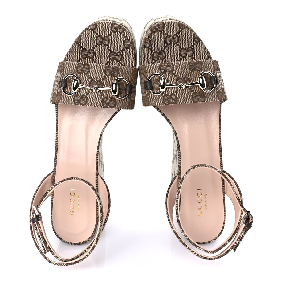 Gucci Monogram Nappa Chalotte Horsebit Ankle Strap 75mm Flatform Sandals 38.5  Beige Ebony Image 5