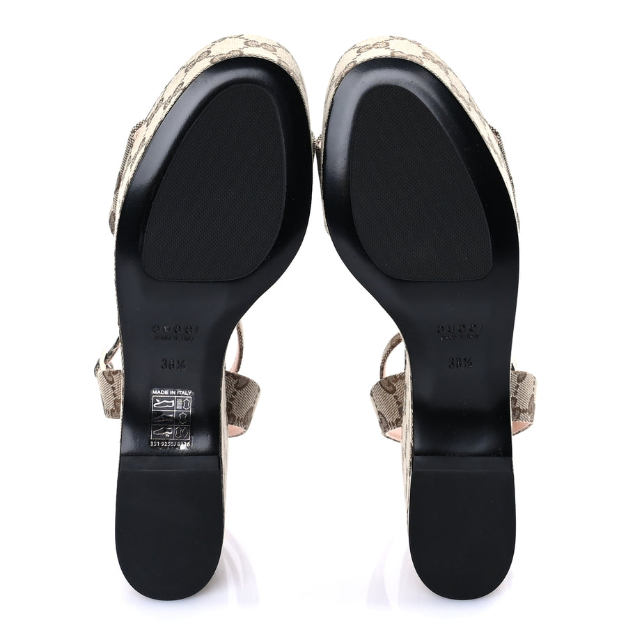 Gucci Monogram Nappa Chalotte Horsebit Ankle Strap 75mm Flatform Sandals 38.5  Beige Ebony Image 6