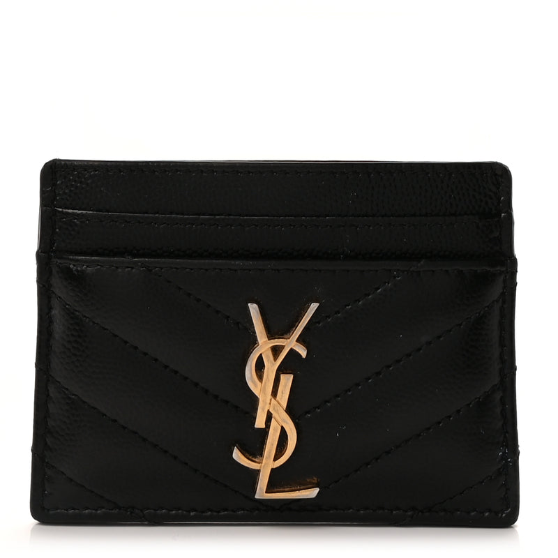  Saint Laurent Grain De Poudre Matelasse Chevron Monogram Credit Card Case  Black