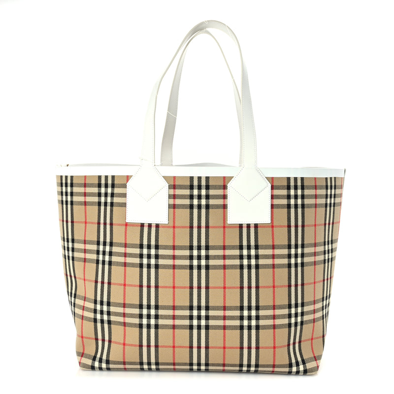  Burberry Cotton Vintage Check Medium London Tote Bag  Briar Brown White