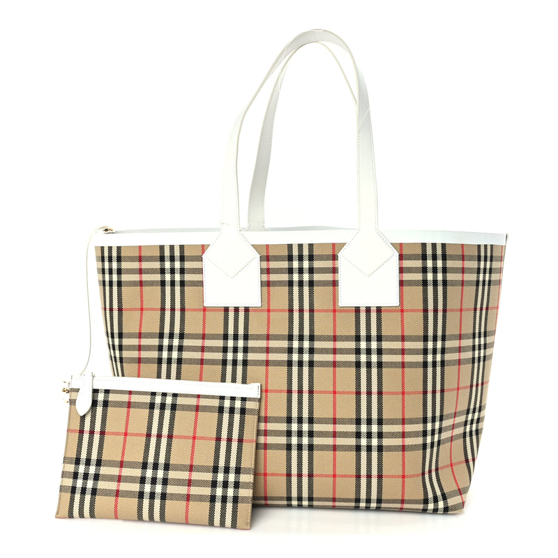  Burberry Cotton Vintage Check Medium London Tote Bag  Briar Brown White