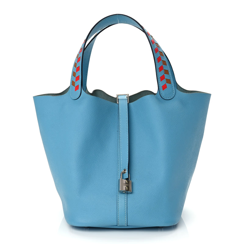  Hermes Epsom Tressage De Cuir Picotin Lock 22 MM Bleu du Nord Rouge Coeur Bleu du Nord