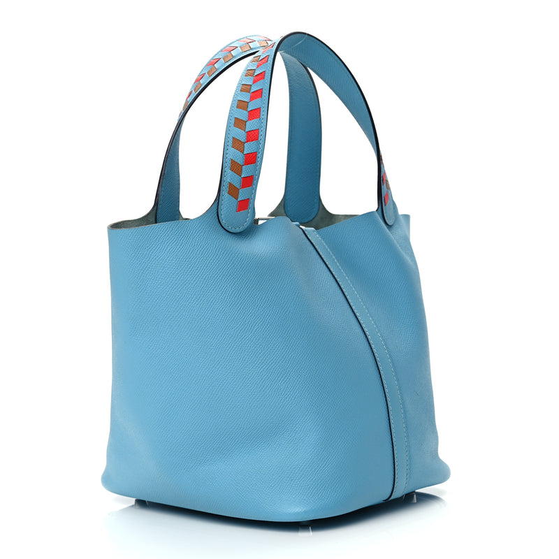  Hermes Epsom Tressage De Cuir Picotin Lock 22 MM Bleu du Nord Rouge Coeur Bleu du Nord