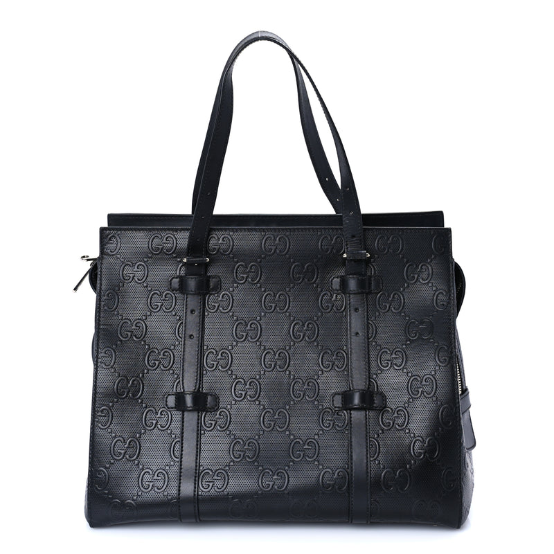  Gucci Calfskin GG Tennis Embossed Tote Bag Black