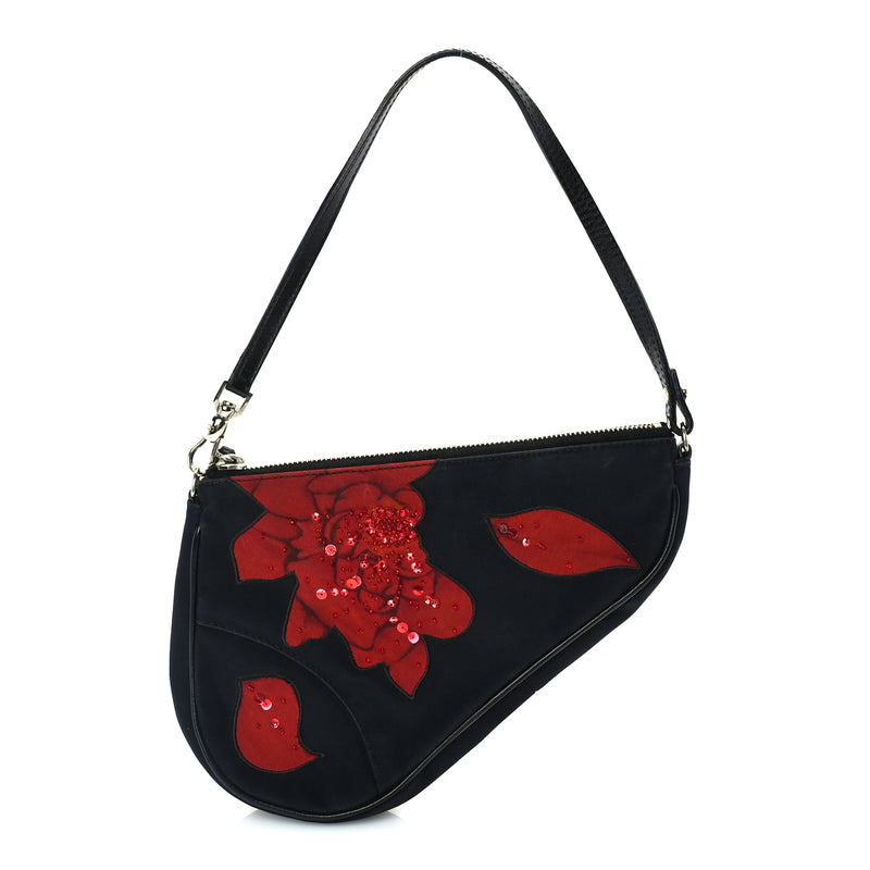  Christian Dior Canvas Stitched Flower Sequins Mini Saddle Pochette Black Red