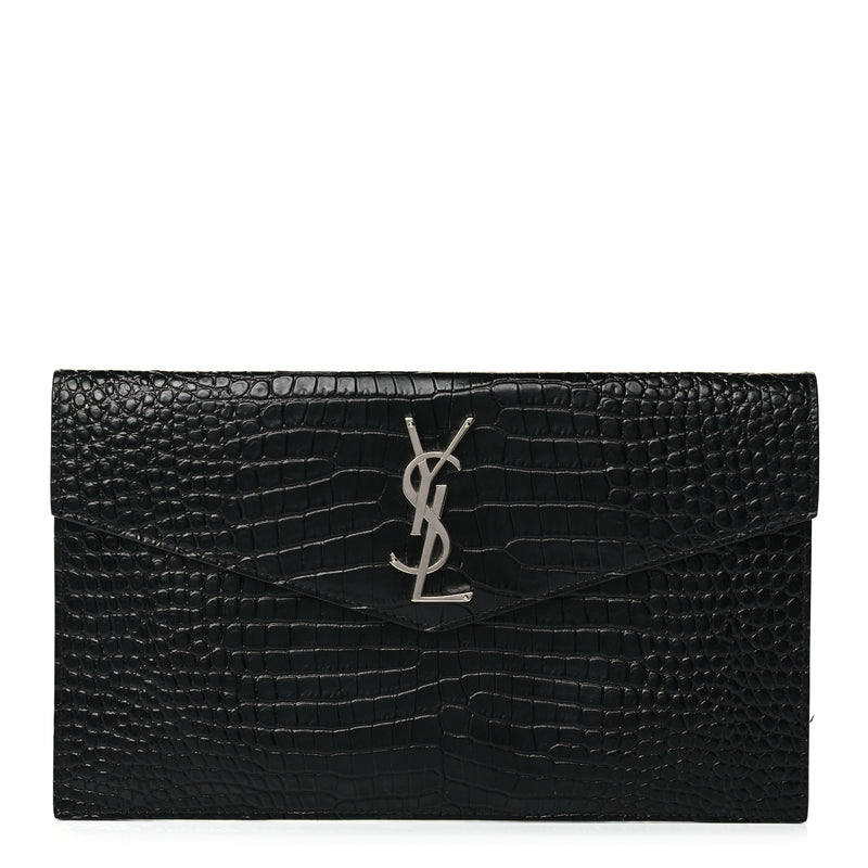  Saint Laurent Calfskin Crocodile Embossed Uptown Monogram Clutch Black