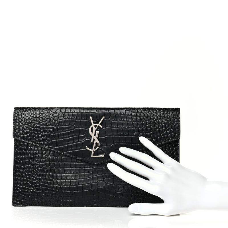  Saint Laurent Calfskin Crocodile Embossed Uptown Monogram Clutch Black