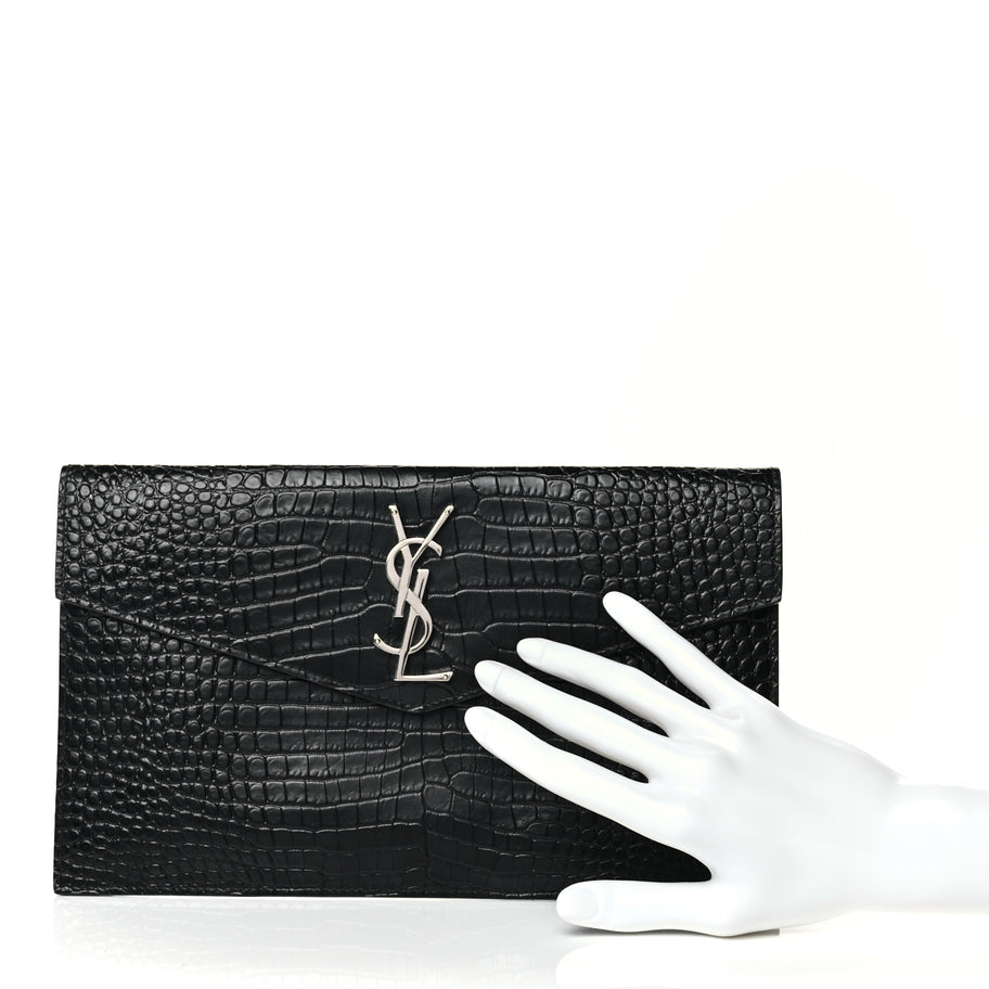 Saint Laurent Calfskin Crocodile Embossed Uptown Monogram Clutch Black Image 2