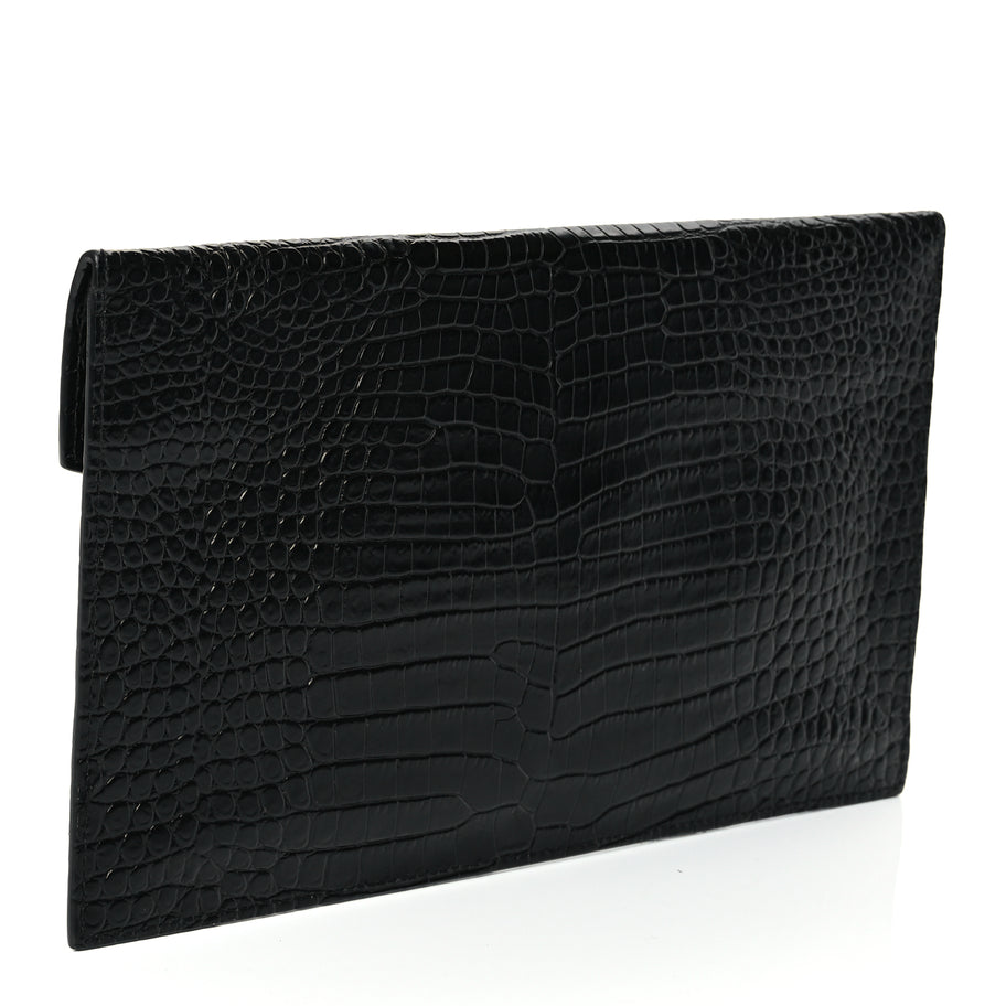 Saint Laurent Calfskin Crocodile Embossed Uptown Monogram Clutch Black Image 3