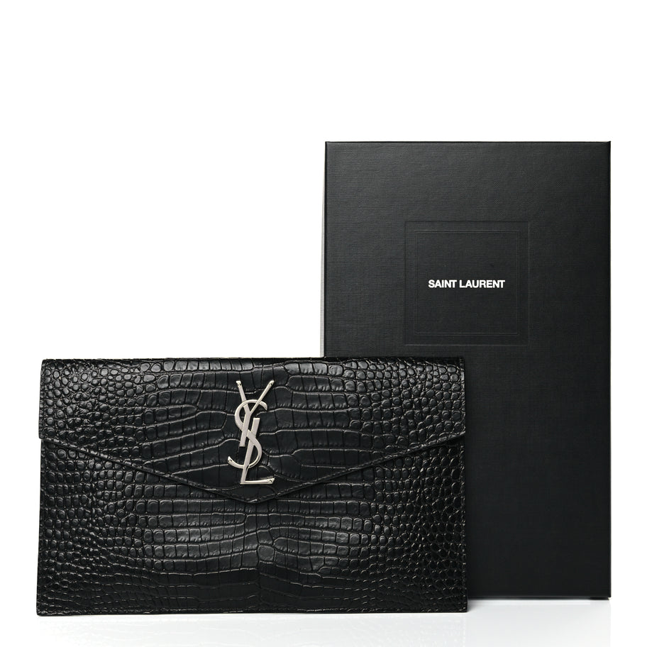 Saint Laurent Calfskin Crocodile Embossed Uptown Monogram Clutch Black Image 9