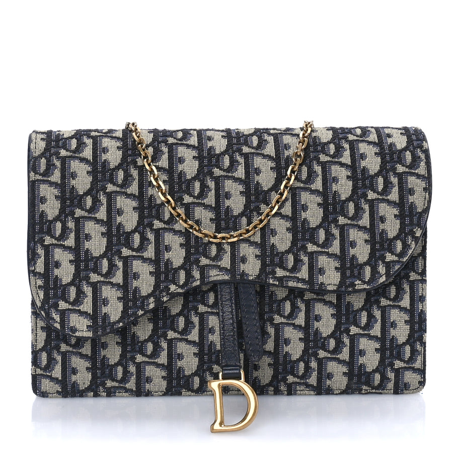 Christian Dior Oblique Saddle Chain Pouch  Blue Image 1