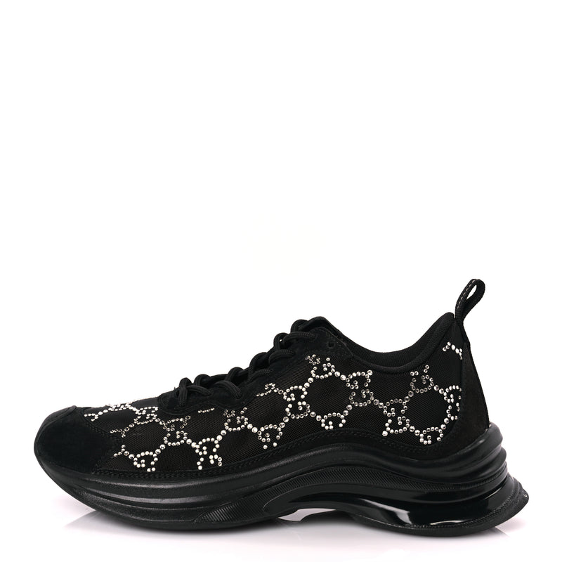  Gucci Mesh Crystal Suede GG Monogram Womens Gucci Run Sneakers 36 Black Silver