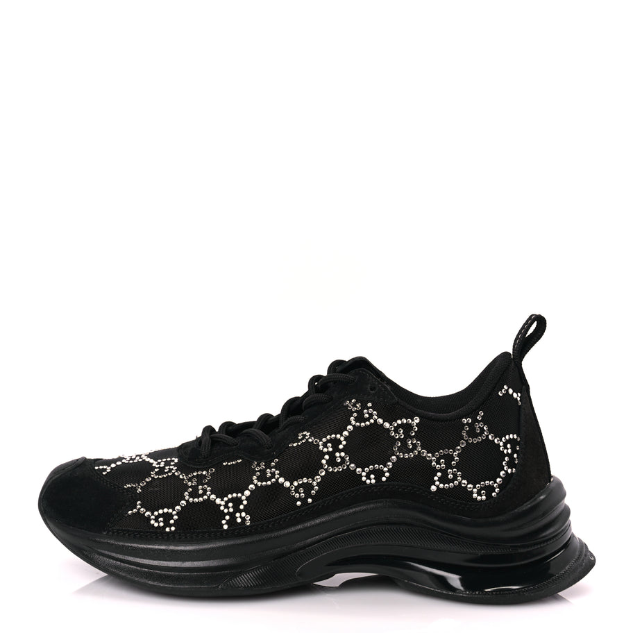 Gucci Mesh Crystal Suede GG Monogram Womens Gucci Run Sneakers 36 Black Silver Image 1