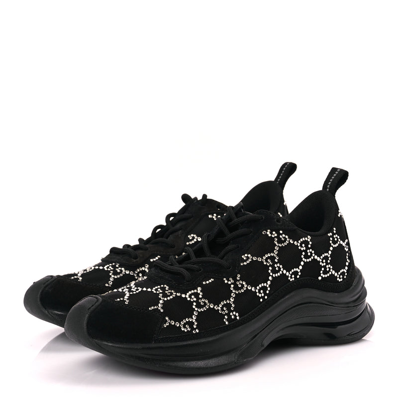  Gucci Mesh Crystal Suede GG Monogram Womens Gucci Run Sneakers 36 Black Silver
