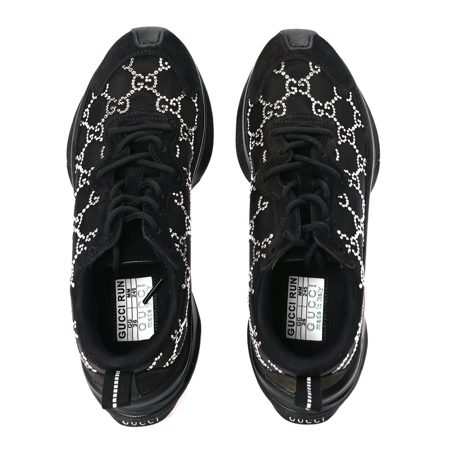 Gucci Mesh Crystal Suede GG Monogram Womens Gucci Run Sneakers 36 Black Silver Image 5
