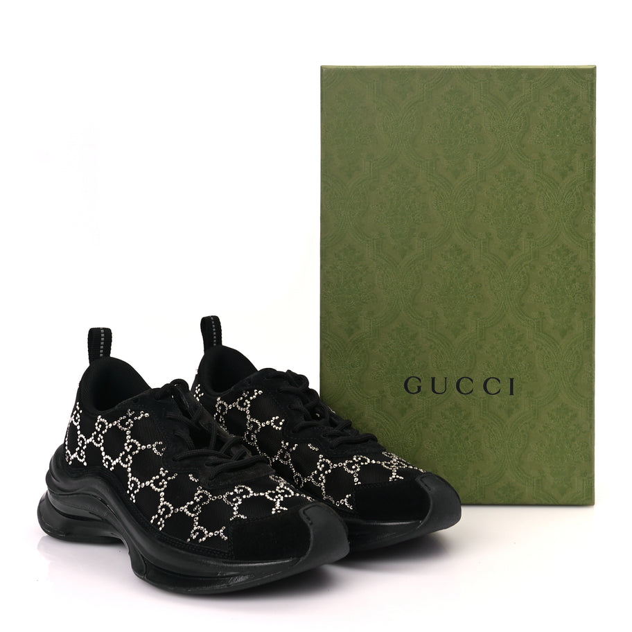 Gucci Mesh Crystal Suede GG Monogram Womens Gucci Run Sneakers 36 Black Silver Image 8
