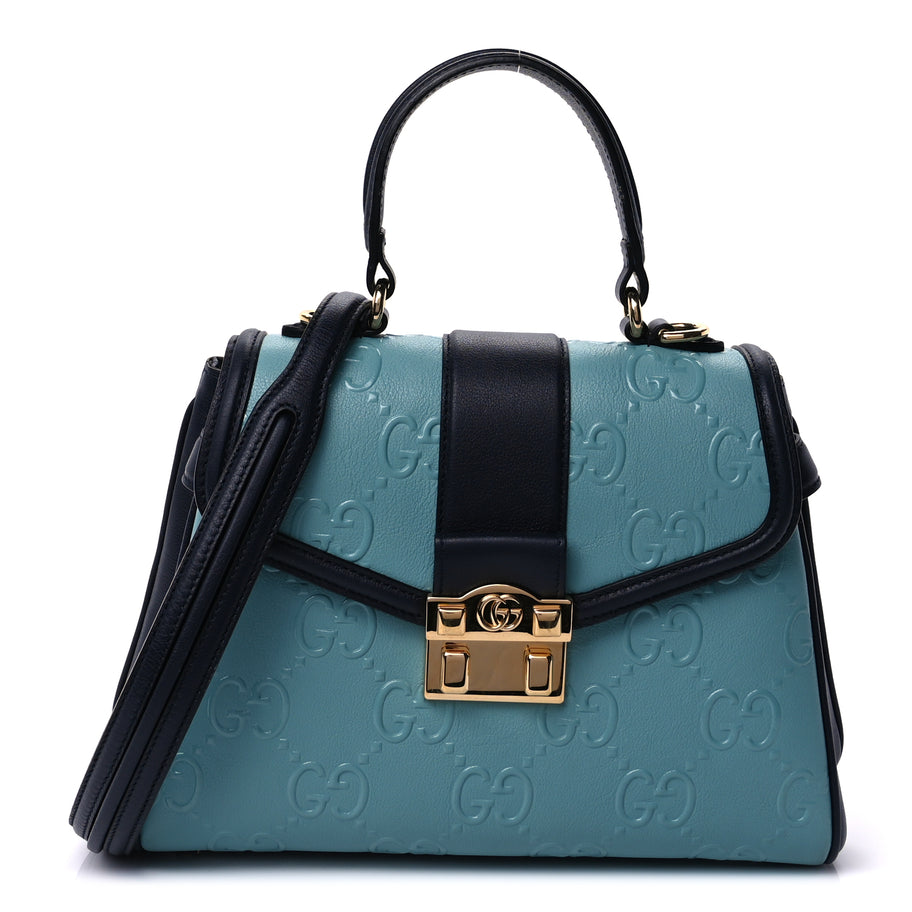 Gucci Wonka Grain Calfskin Bi-Color GG Debossed Small Top Handle  Dusty Azure Blue Image 1