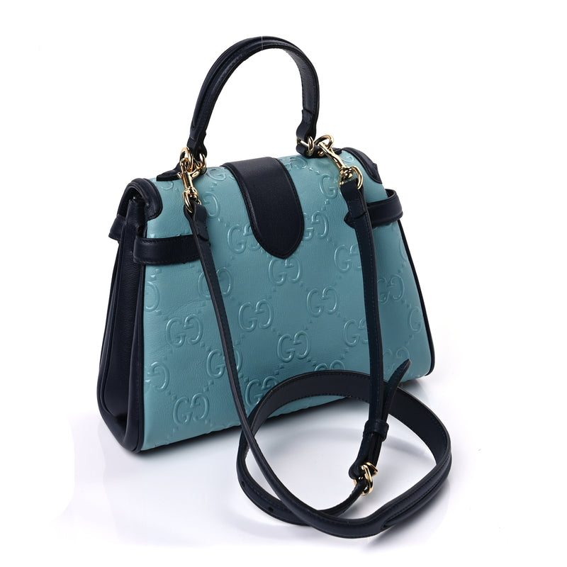  Gucci Wonka Grain Calfskin Bi-Color GG Debossed Small Top Handle  Dusty Azure Blue