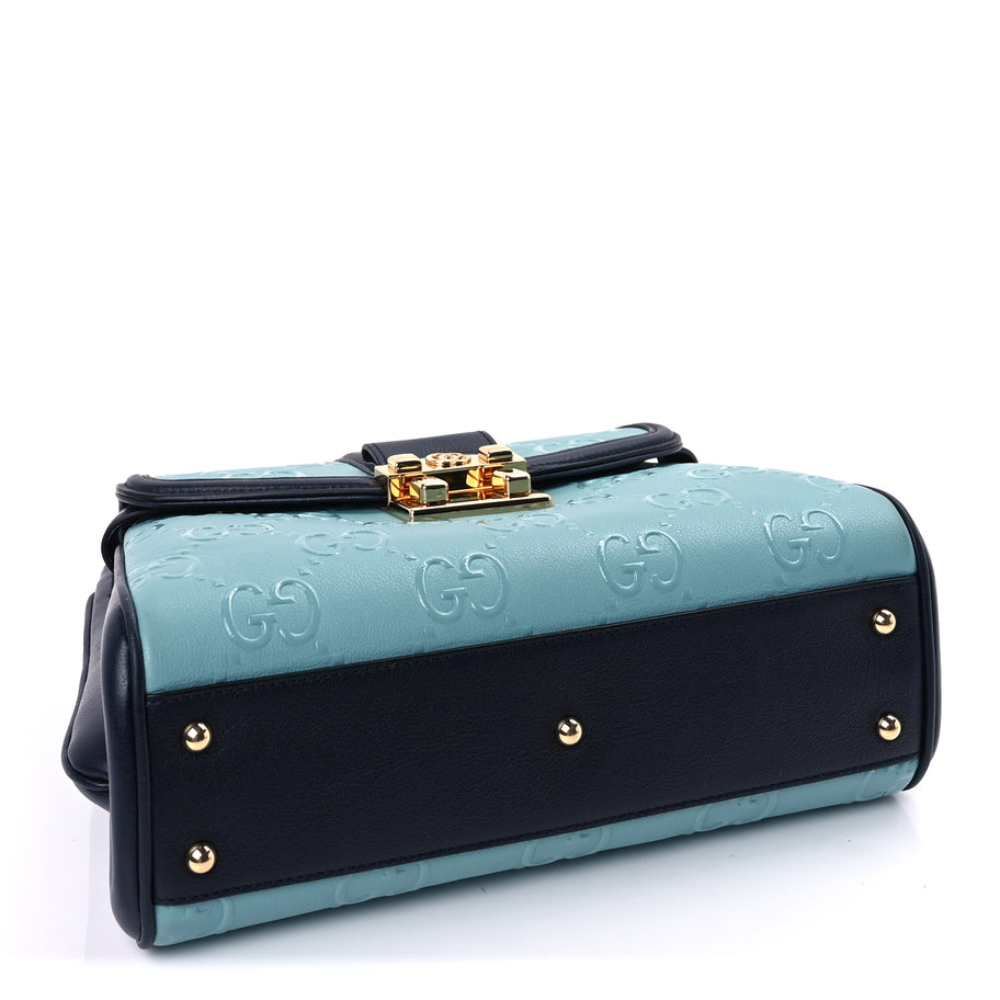 Gucci Wonka Grain Calfskin Bi-Color GG Debossed Small Top Handle  Dusty Azure Blue Image 3