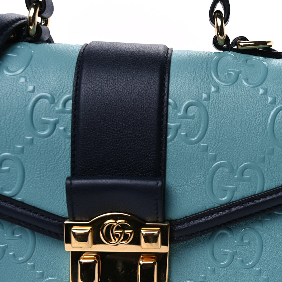 Gucci Wonka Grain Calfskin Bi-Color GG Debossed Small Top Handle  Dusty Azure Blue Image 6