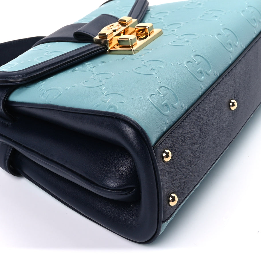 Gucci Wonka Grain Calfskin Bi-Color GG Debossed Small Top Handle  Dusty Azure Blue Image 7
