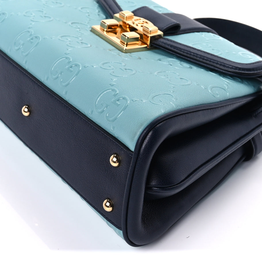 Gucci Wonka Grain Calfskin Bi-Color GG Debossed Small Top Handle  Dusty Azure Blue Image 8