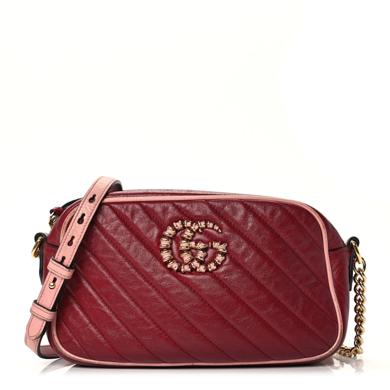  Gucci Azalea Calfskin Enamel Matelasse Diagonal Small Torchon GG Marmont Chain Shoulder Bag New Cherry Red Wild Rose