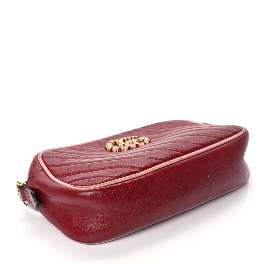 Gucci Azalea Calfskin Enamel Matelasse Diagonal Small Torchon GG Marmont Chain Shoulder Bag New Cherry Red Wild Rose Image 3