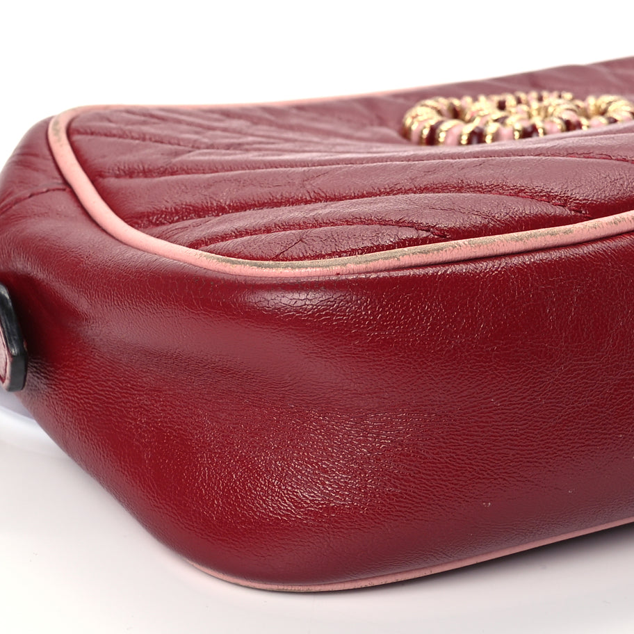 Gucci Azalea Calfskin Enamel Matelasse Diagonal Small Torchon GG Marmont Chain Shoulder Bag New Cherry Red Wild Rose Image 9