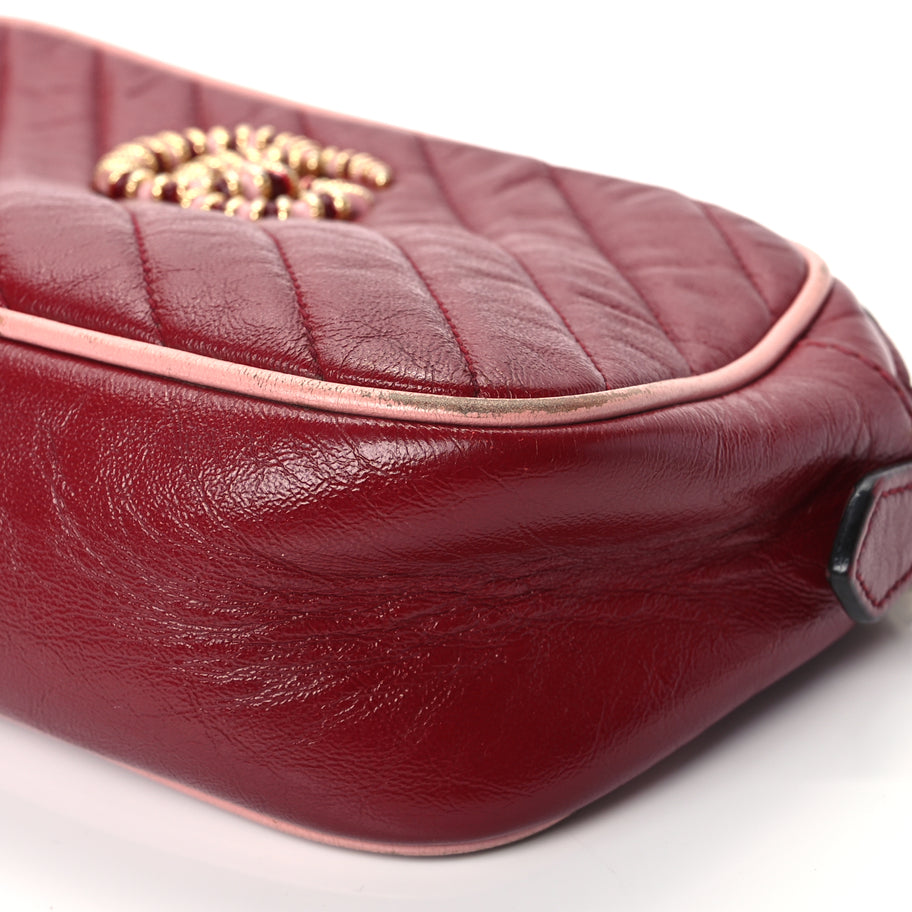 Gucci Azalea Calfskin Enamel Matelasse Diagonal Small Torchon GG Marmont Chain Shoulder Bag New Cherry Red Wild Rose Image 10