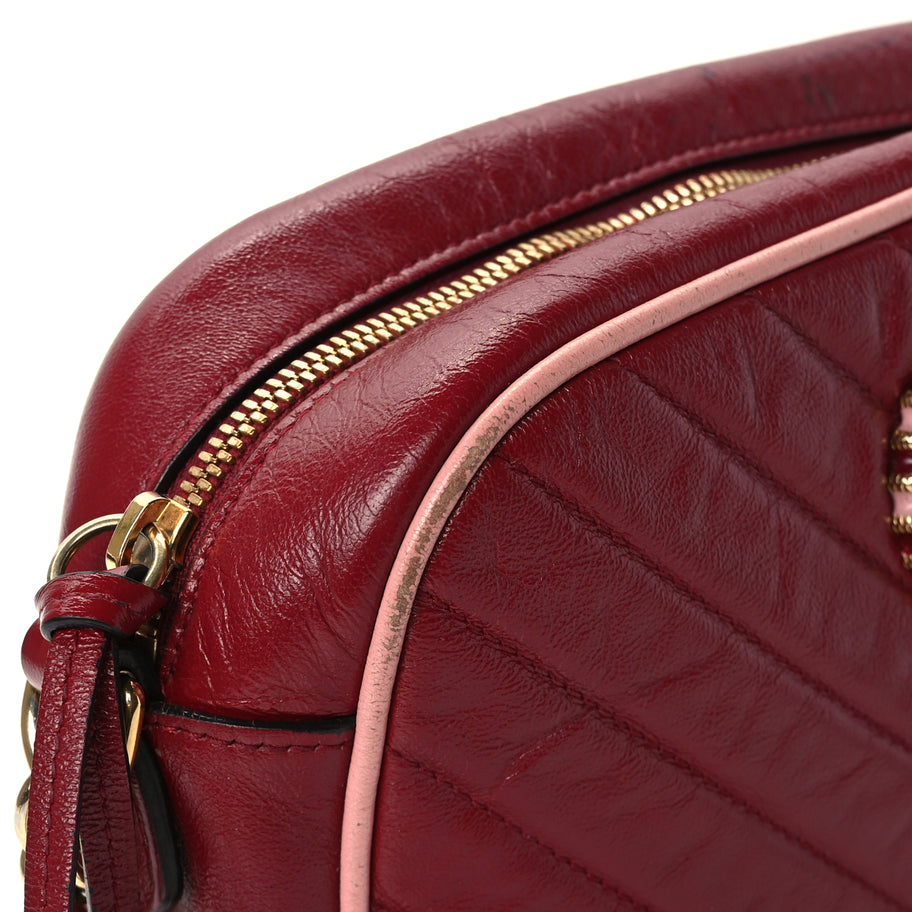 Gucci Azalea Calfskin Enamel Matelasse Diagonal Small Torchon GG Marmont Chain Shoulder Bag New Cherry Red Wild Rose Image 12