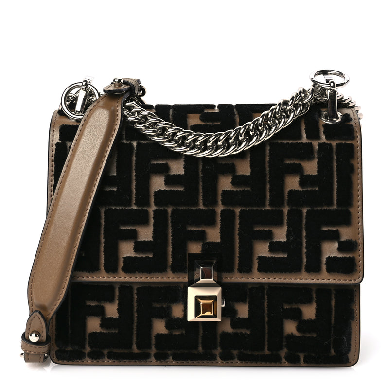  Fendi Vitello Liberty Velvet FF Small Kan I Shoulder Bag Brown Black
