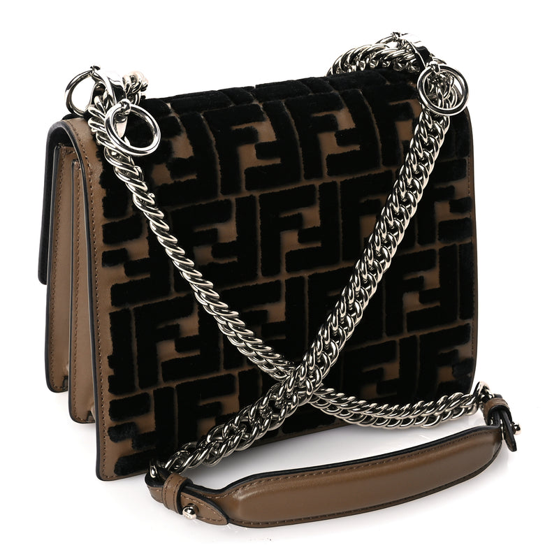  Fendi Vitello Liberty Velvet FF Small Kan I Shoulder Bag Brown Black