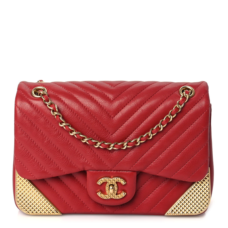  Chanel Calfskin Chevron Quilted Mini Rock The Corner Flap Red