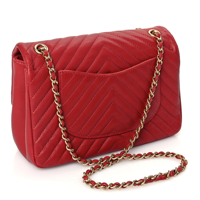  Chanel Calfskin Chevron Quilted Mini Rock The Corner Flap Red