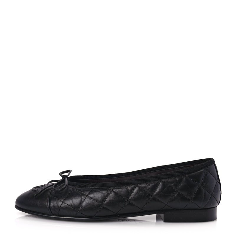  Chanel Aged Calfskin Quilted CC Cap Toe Ballerina Flats 36 Black