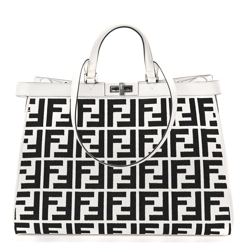  Fendi Canvas Vitello King FF Embroidered Medium Peekaboo X-Tote White Rice Black