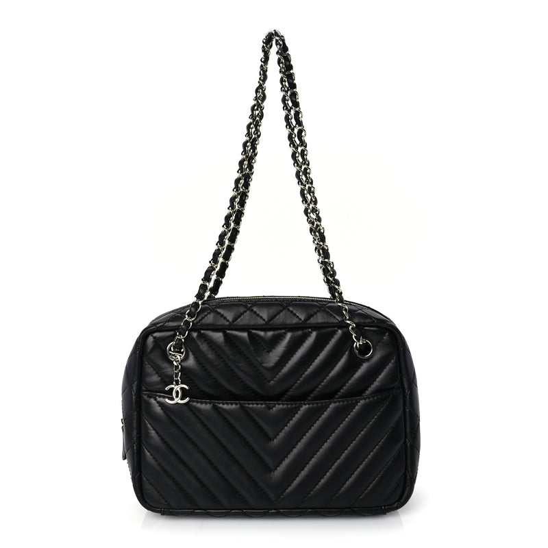  Chanel Lambskin Chevron Quilted Camera Case Black