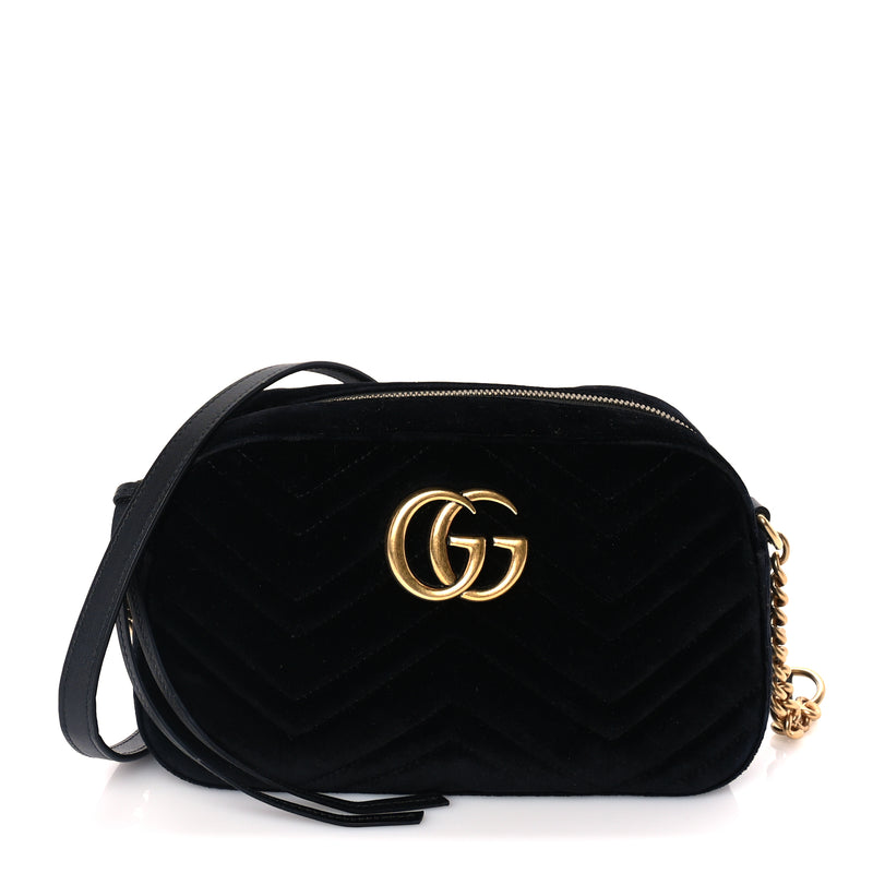  Gucci Velvet Matelasse Small GG Marmont Chain Shoulder Bag Black