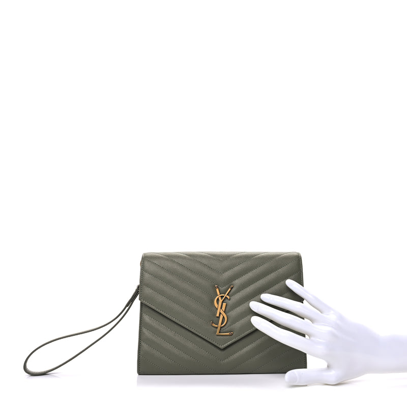  Saint Laurent Grain De Poudre Matelasse Chevron Monogram Envelope Clutch  Light Sage