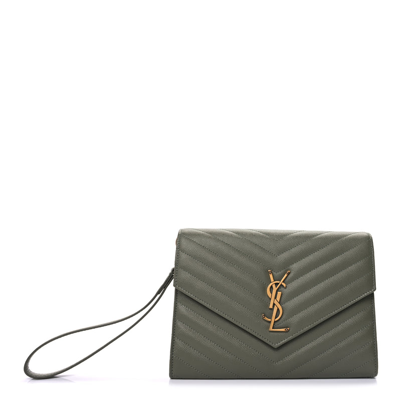  Saint Laurent Grain De Poudre Matelasse Chevron Monogram Envelope Clutch  Light Sage