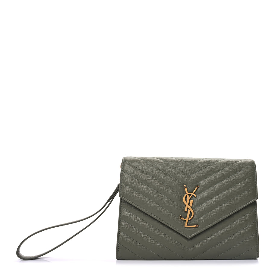 Saint Laurent Grain De Poudre Matelasse Chevron Monogram Envelope Clutch  Light Sage Image 2