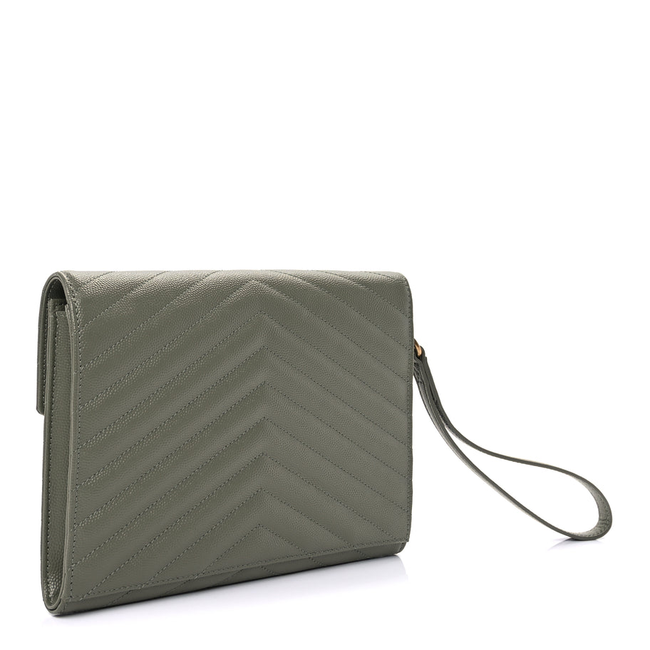 Saint Laurent Grain De Poudre Matelasse Chevron Monogram Envelope Clutch  Light Sage Image 3