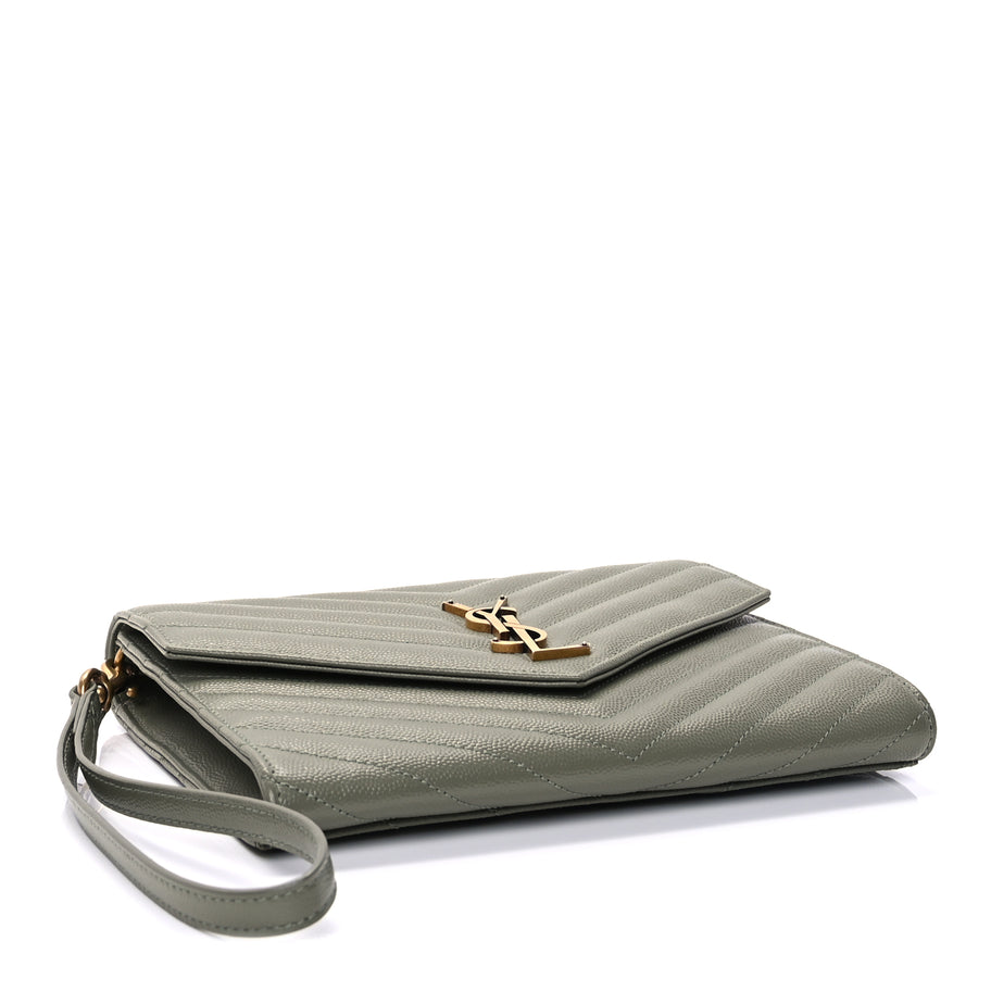 Saint Laurent Grain De Poudre Matelasse Chevron Monogram Envelope Clutch  Light Sage Image 4