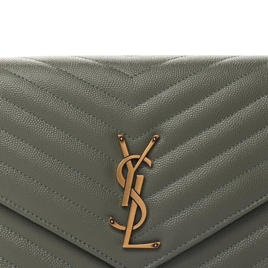 Saint Laurent Grain De Poudre Matelasse Chevron Monogram Envelope Clutch  Light Sage Image 7