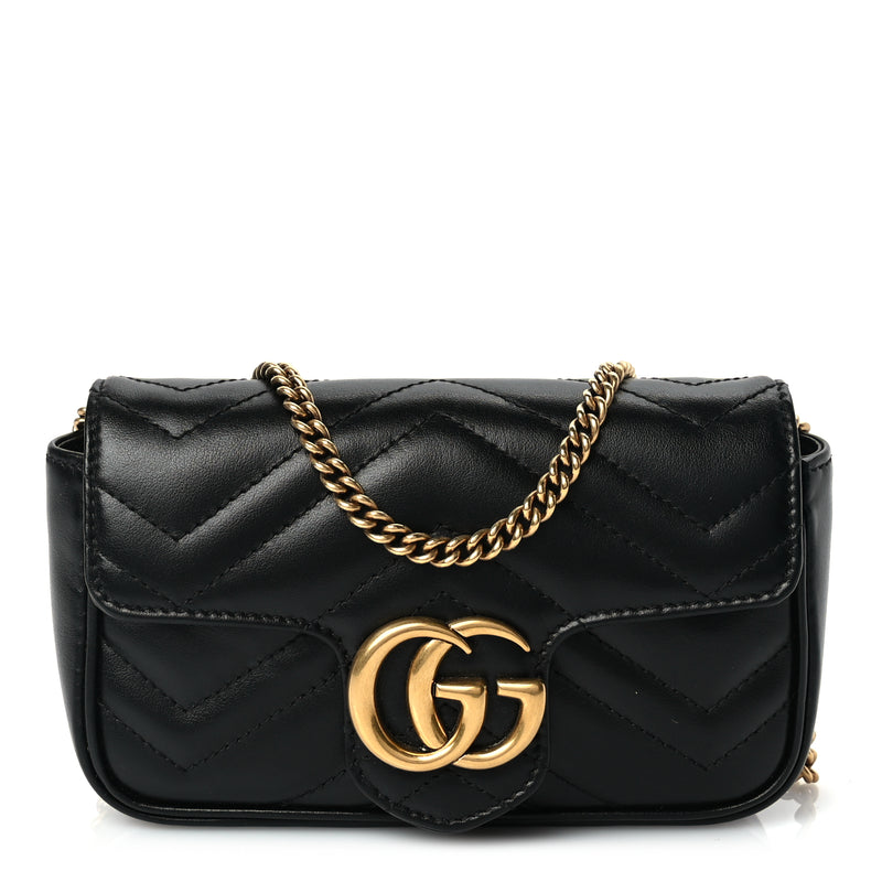  Gucci Calfskin Matelasse Super Mini GG Marmont Shoulder Bag Black