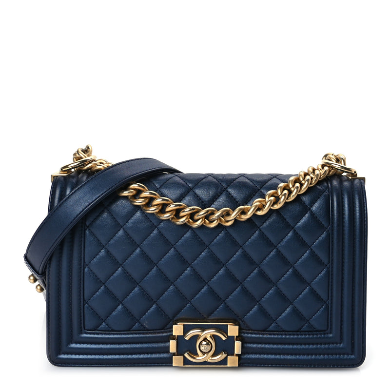  Chanel Metallic Calfskin Quilted Medium Boy Flap Navy Blue Navy Blue